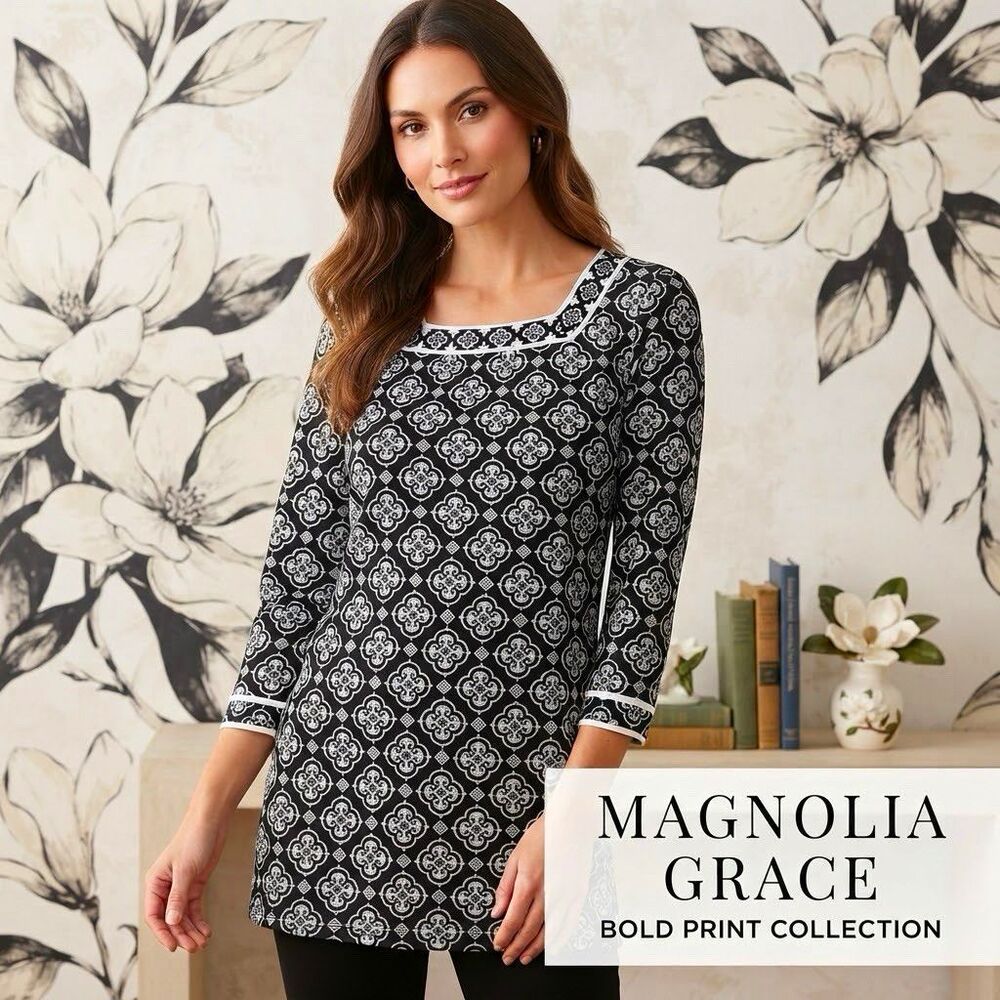 Magnolia Grace Womens S Black White Geometric Square Neck 3/4 Sleeve Tunic Top